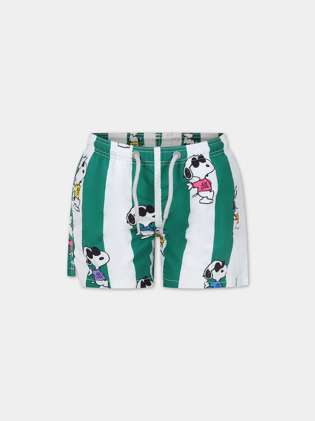 Green swim shorts for boy with Snoopy print